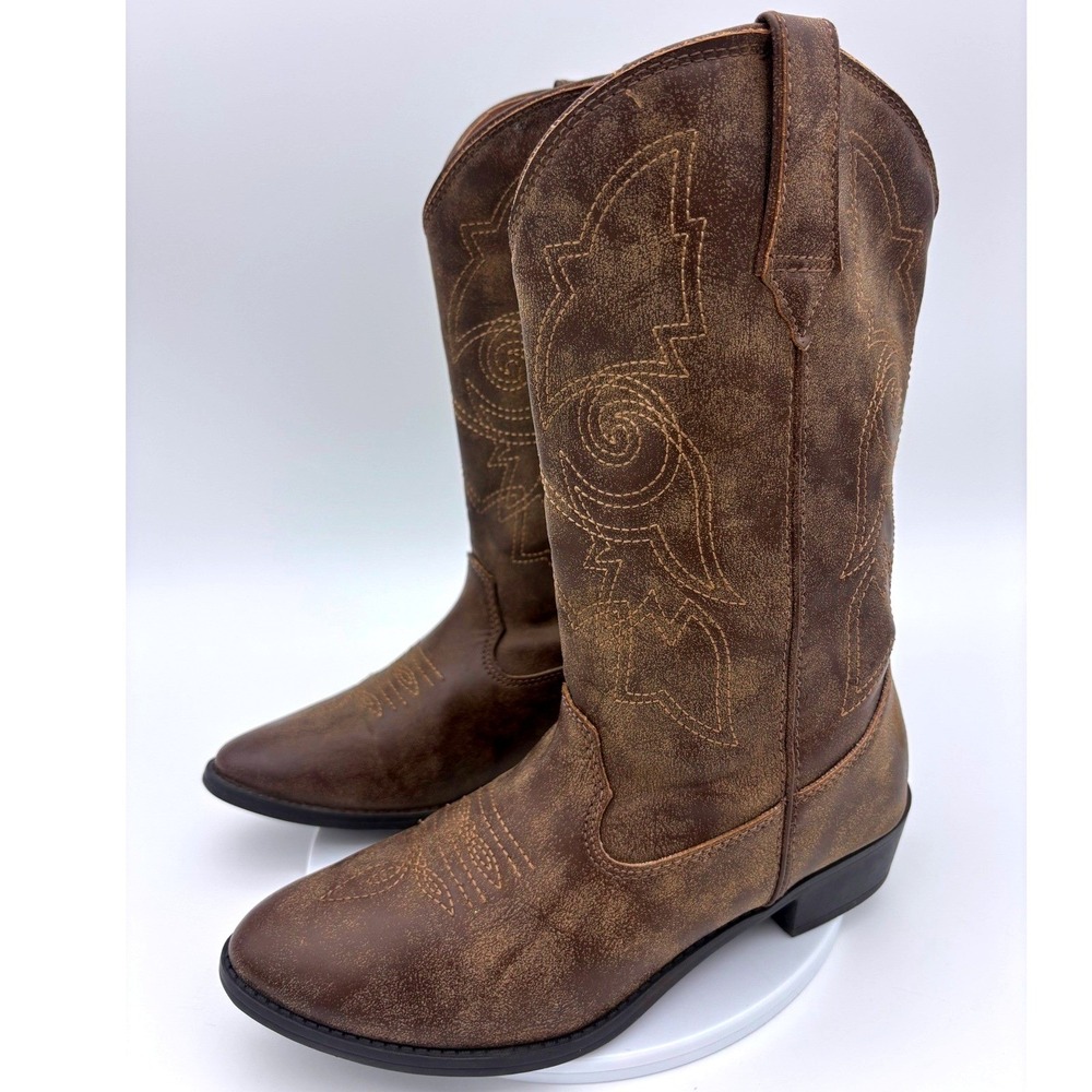 KIDS COWBOY BOOTS Western Shoe Little Boy Girl Pointed Toe Brown Youth 5